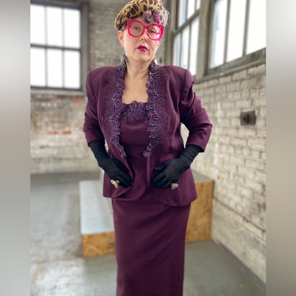 Vintage Plus Size Blazer and Dress Set with Beaded, Sequence Detailing - Picture 4 of 6